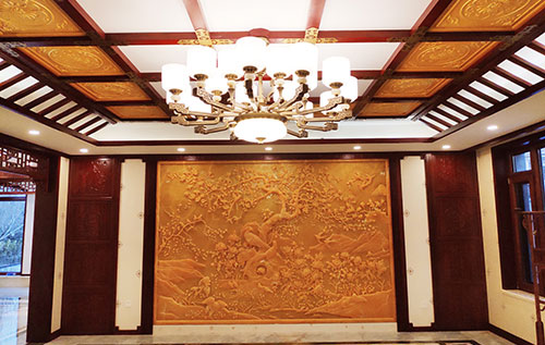 大足中式别墅客厅中式木作横梁吊顶装饰展示